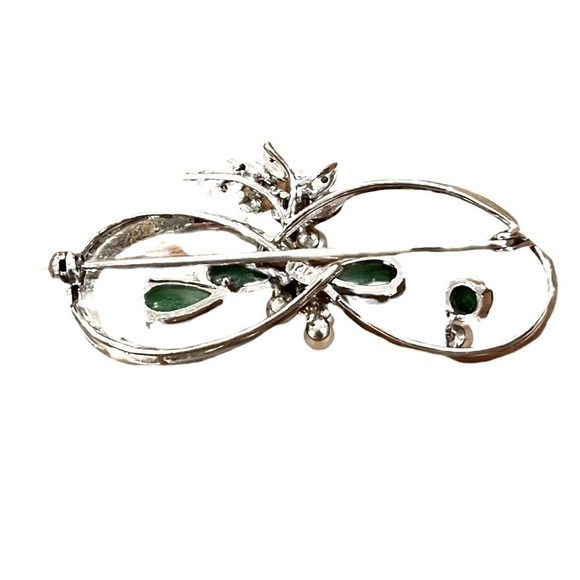 Antique 14k White Gold, Jade And Diamond Brooch. - Picture 4 of 6
